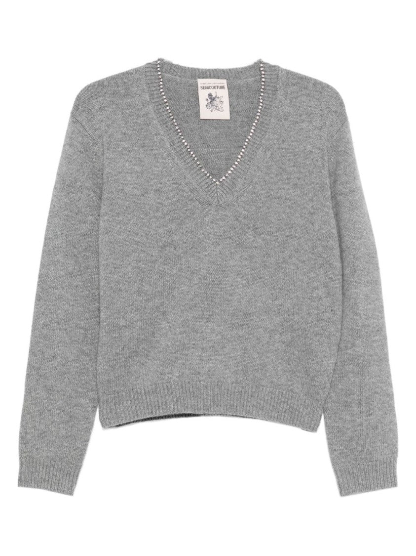 Semi Couture V-Neck Grey Knit Sweater With Cropped Silhouette