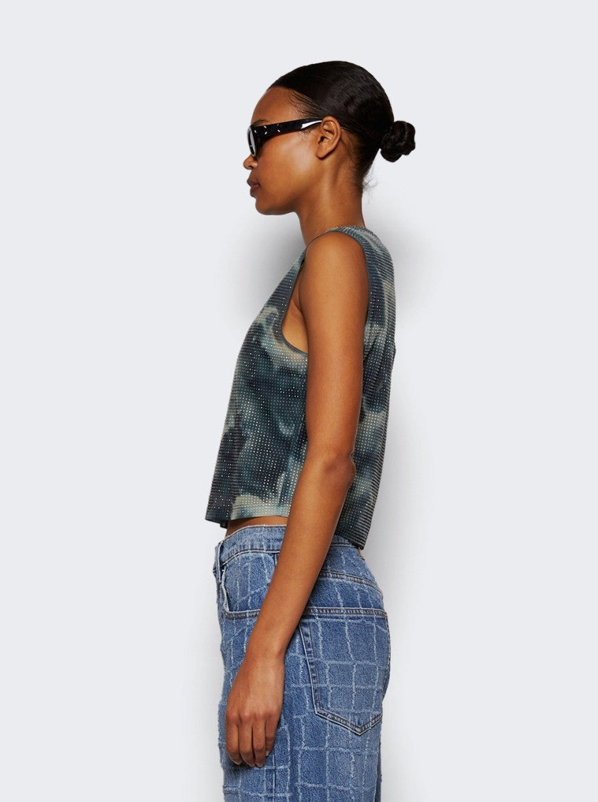 Alexander Wang Crystal Hotfix Organza Jersey Tank Top Cloud-Print
