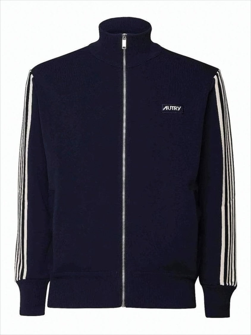 Autry High-Collar Blue Jacket With Vertical Stripes And Ribbed Cuffs