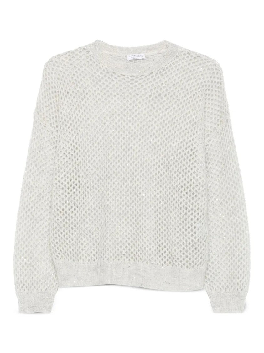 Brunello Cucinelli Open-Knit Long-Sleeve Sweater With Relaxed Silhouette