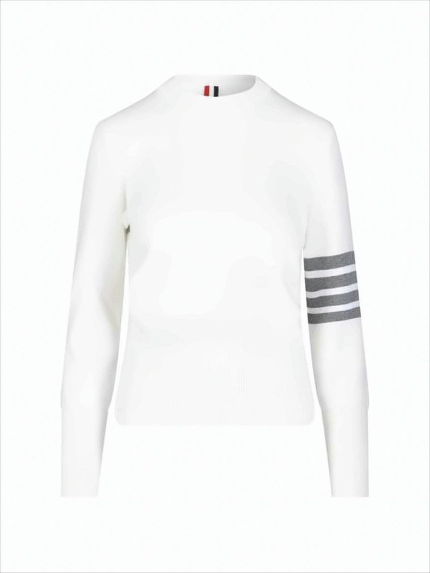 Thom Browne White Knit Sweater With Distinctive Stripes And Button Detail