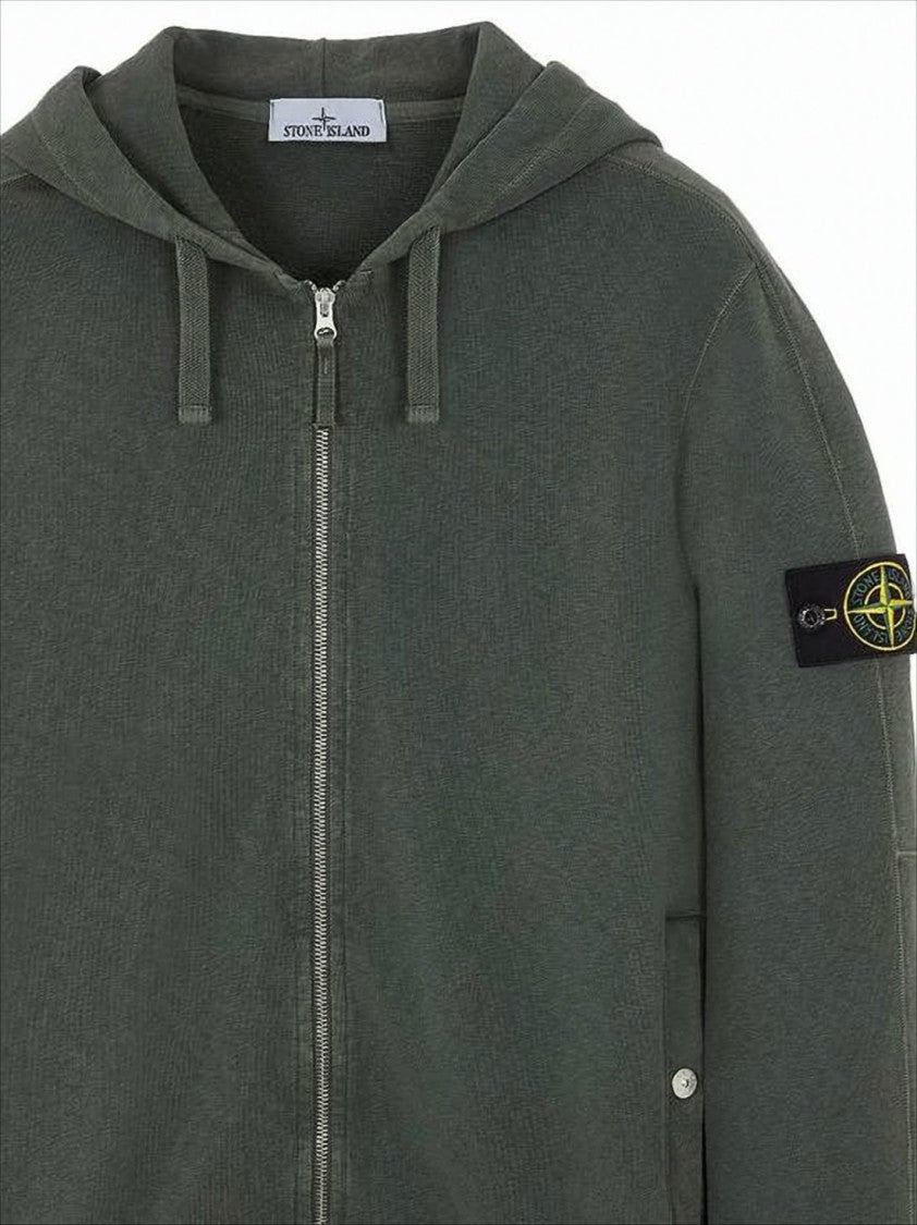 Stone Island Green Cotton Zip-Up Hoodie