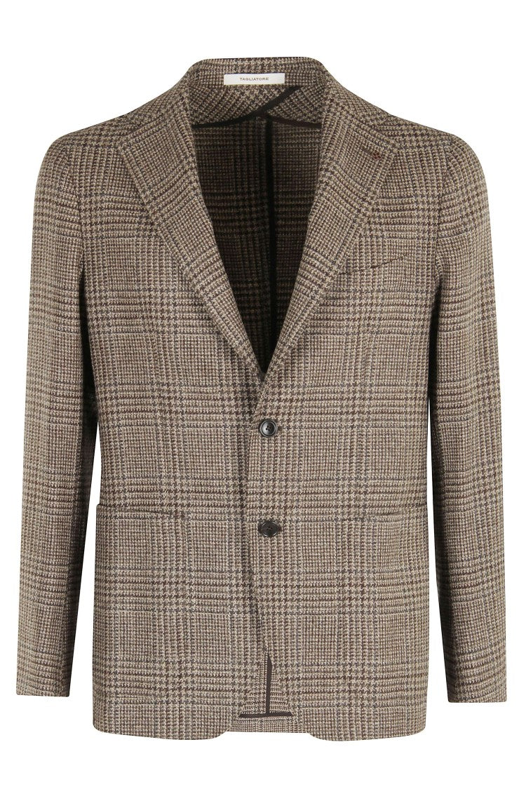 Tagliatore Brown Checkered Wool Cashmere Blazer With Peaked Lapel