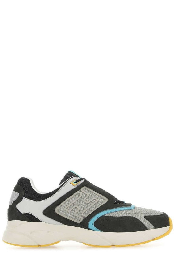 Fendi Layered Grey Calf Leather Sneakers With Textured Panels