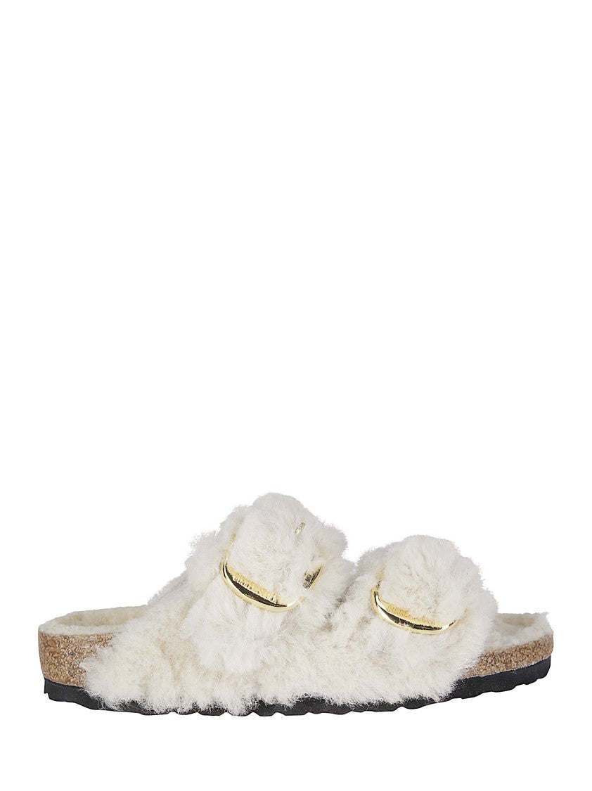 Birkenstock Teddy Fur Arizona Slippers With Gold Buckles