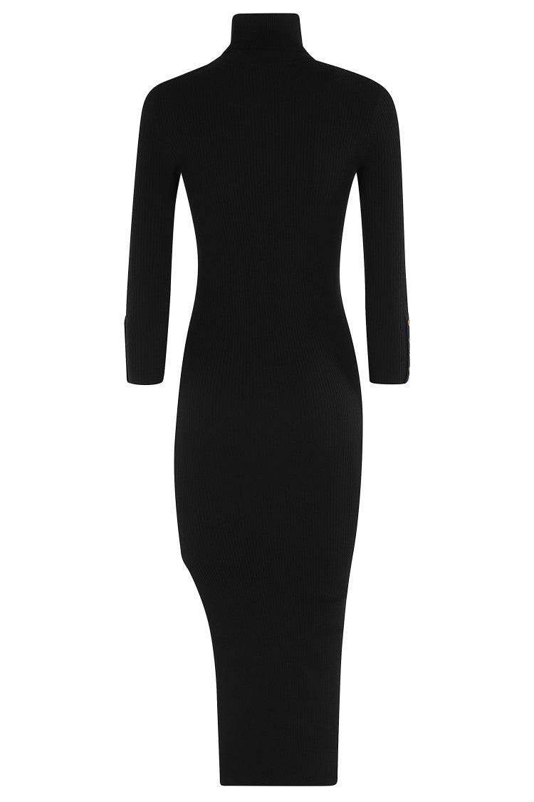 Elisabetta Franchi Form-Fitting Black Midi Dress With Ribbed Texture And Logo Detail