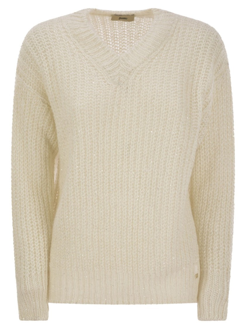 Herno V-Neck Sweater With Openwork Stitch