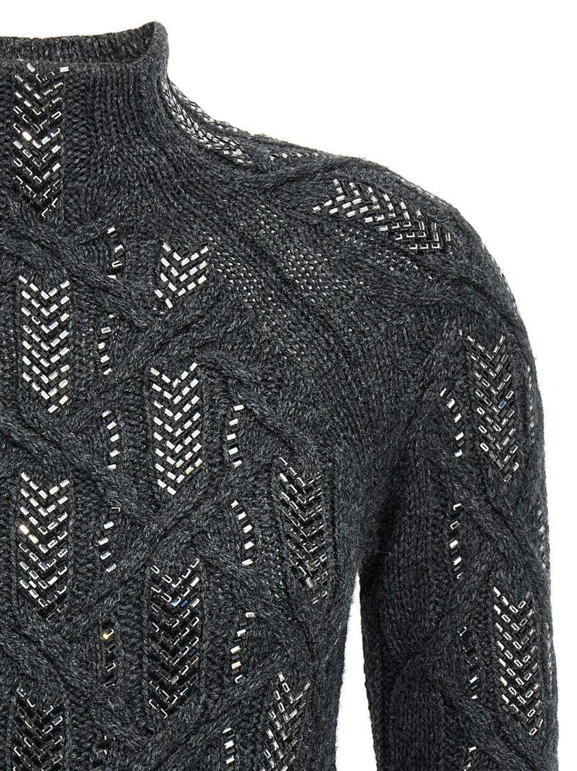 Ermanno Scervino Crystal Appliqué Braided Sweater With High Neckline