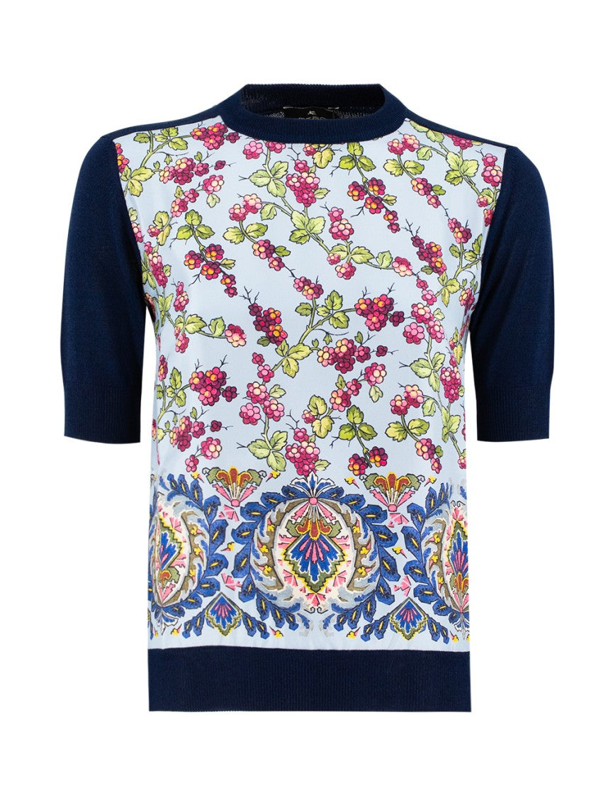 Etro Blue Cotton Blend Short Sleeve Sweater