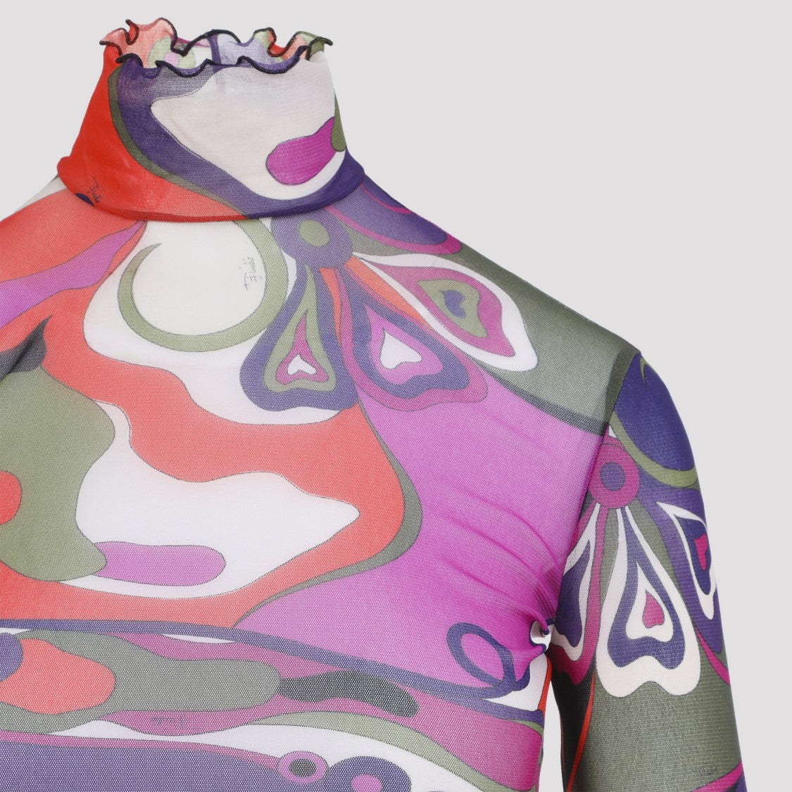 Pucci Multicolor Mesh Tulle T-Shirt With Standing Collar And Frilled Edges