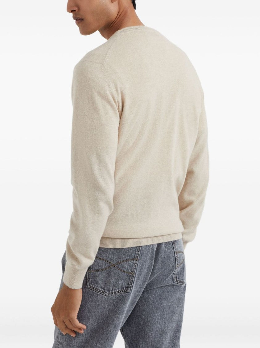 Brunello Cucinelli Beige Cashmere Sweater With Classic Crew Neckline