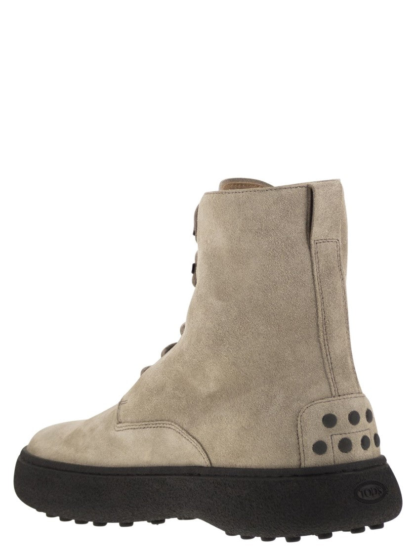 Tod's Ankle Suede Lace-Up Boot With Iconic Rubber Sole