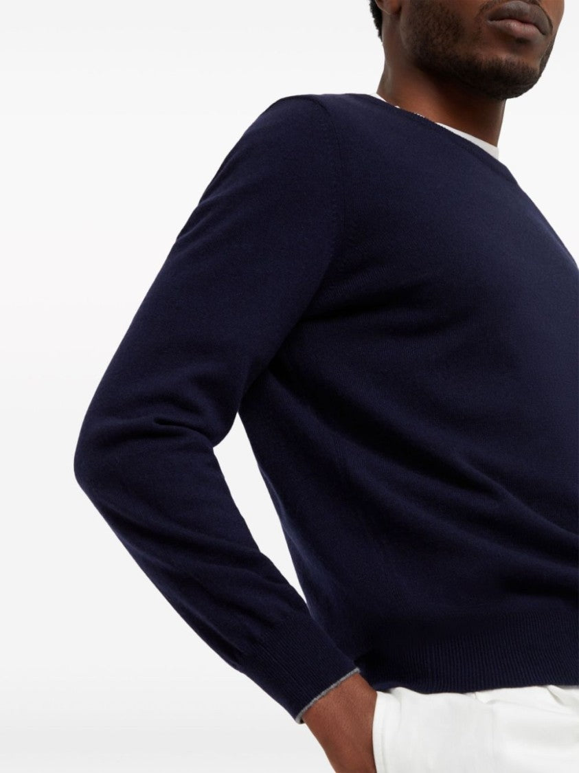 Brunello Cucinelli Dark Blue Cashmere Sweater With Classic Crew Neckline