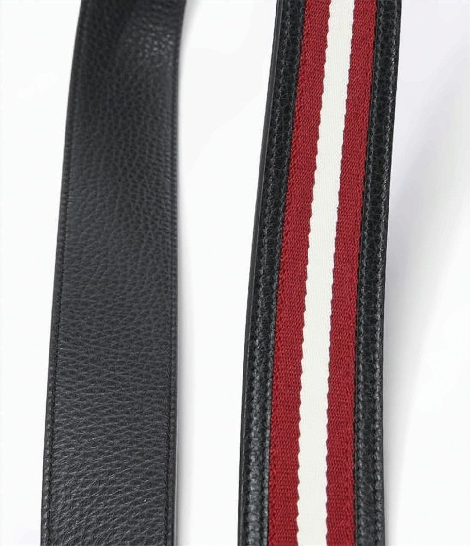 Bally Black Leather Belt With Striped Fabric Inlay