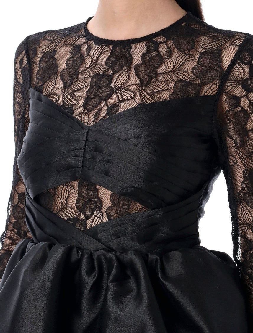 Self-Portrait Black Tafeta + Lace Mini Dress