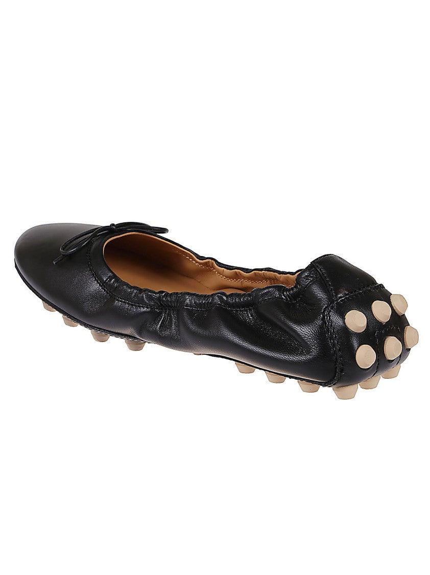 Tod's Black Leather Ballet Flats With Gathered Elasticized Trim
