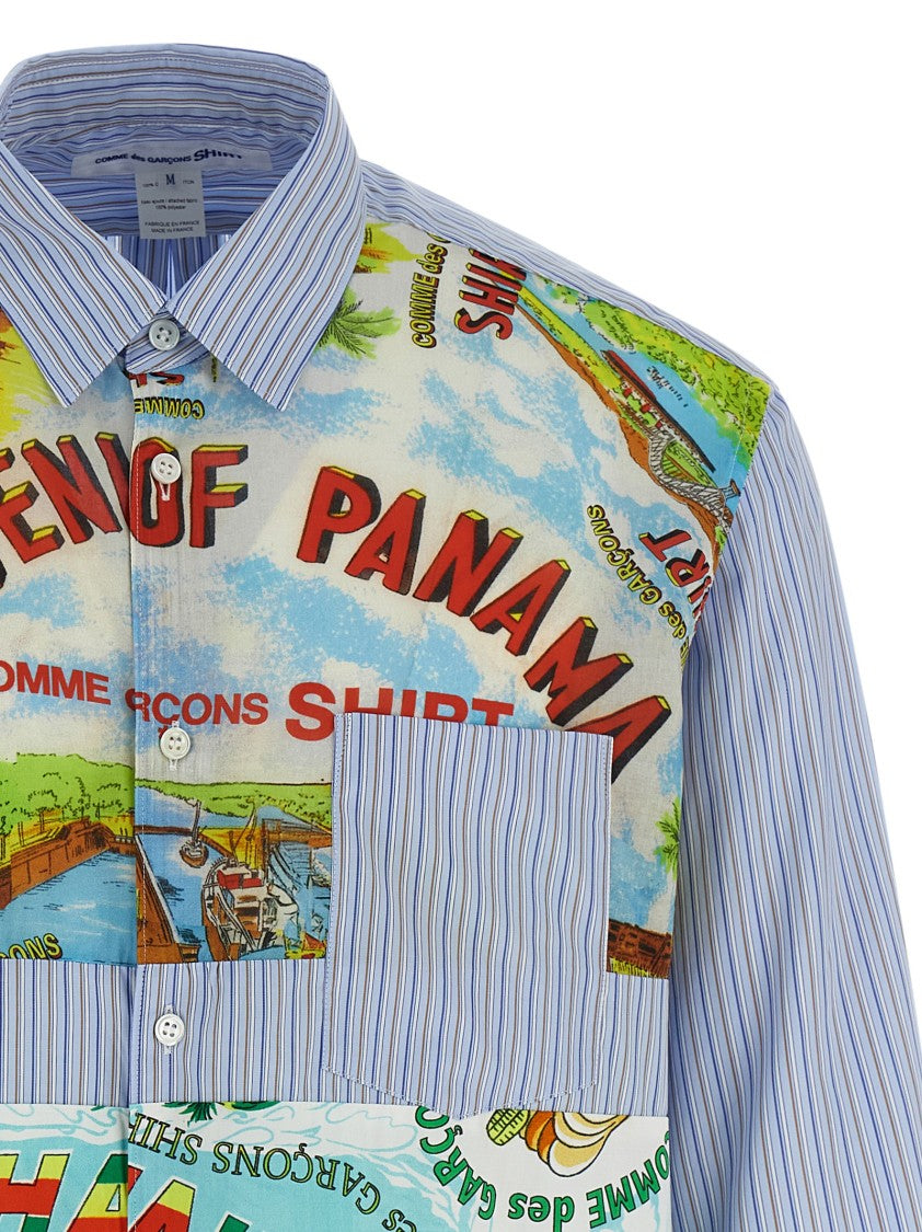 Comme Des Garçons Patterned Insert Cotton Poplin Shirt With Asymmetric Hem