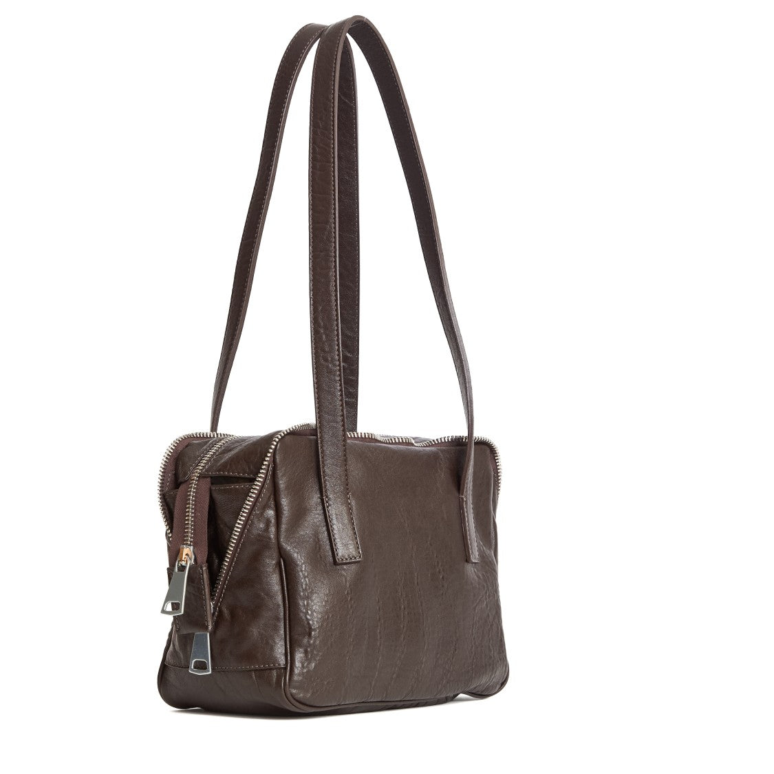 Amine Crinkled Brown Leather Shoulder Bag With Dual Zip Closure