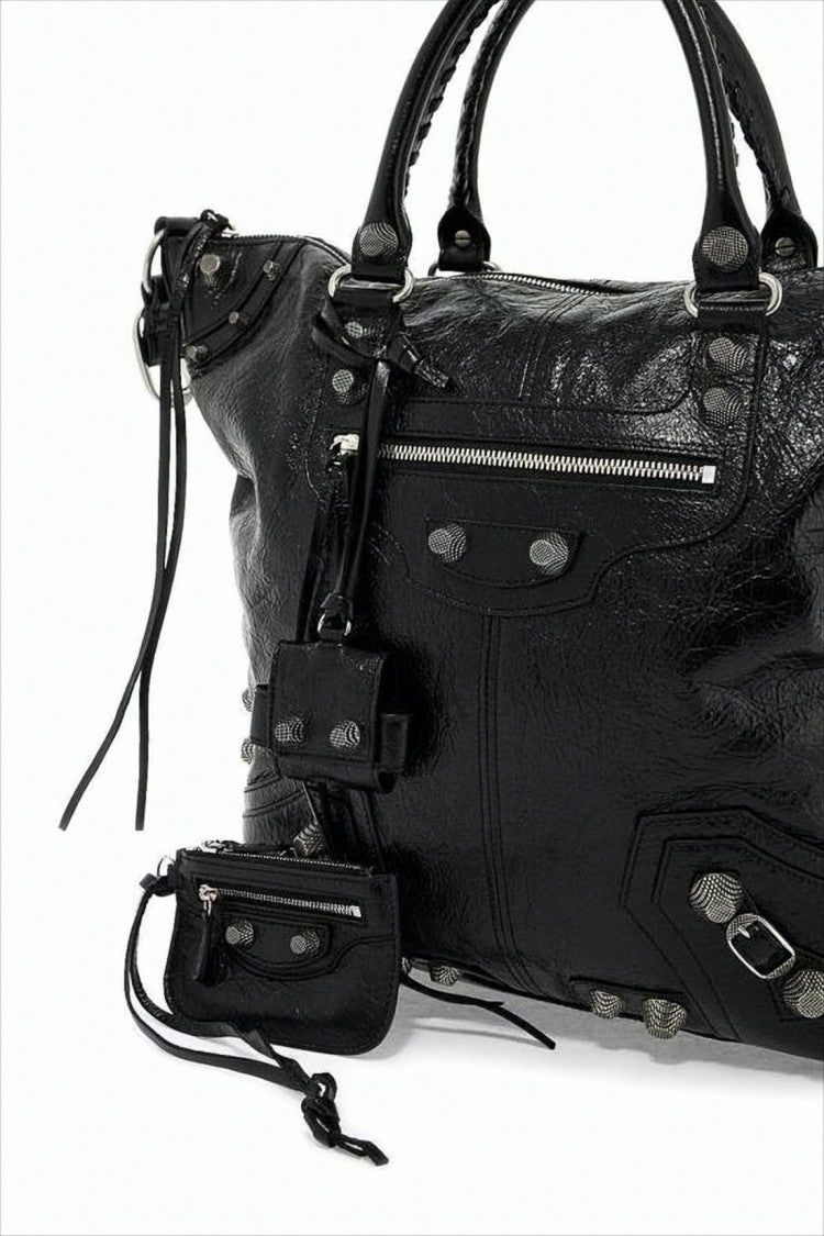 Balenciaga Textured Black Lambskin Tote Bag With Edgy Hardware And Detachable Pouch