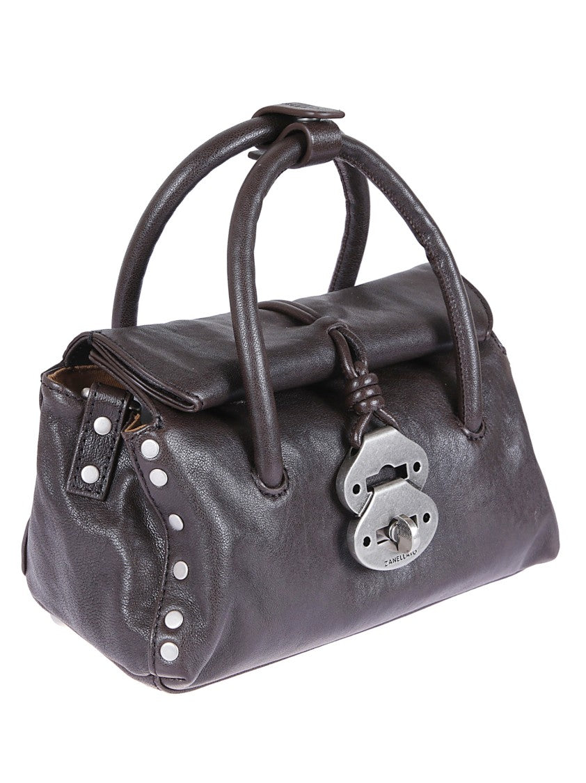 Zanellato Charcoal Brown Leather Shoulder Bag With Twist Lock Closure