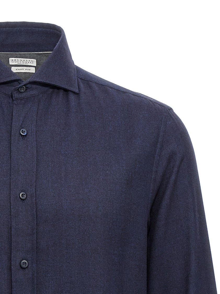 Brunello Cucinelli Herringbone Patterned Cotton-Blend Flannel Shirt