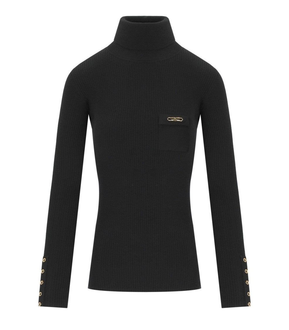 Elisabetta Franchi Ribbed Black Turtleneck Sweater With Gold Accents