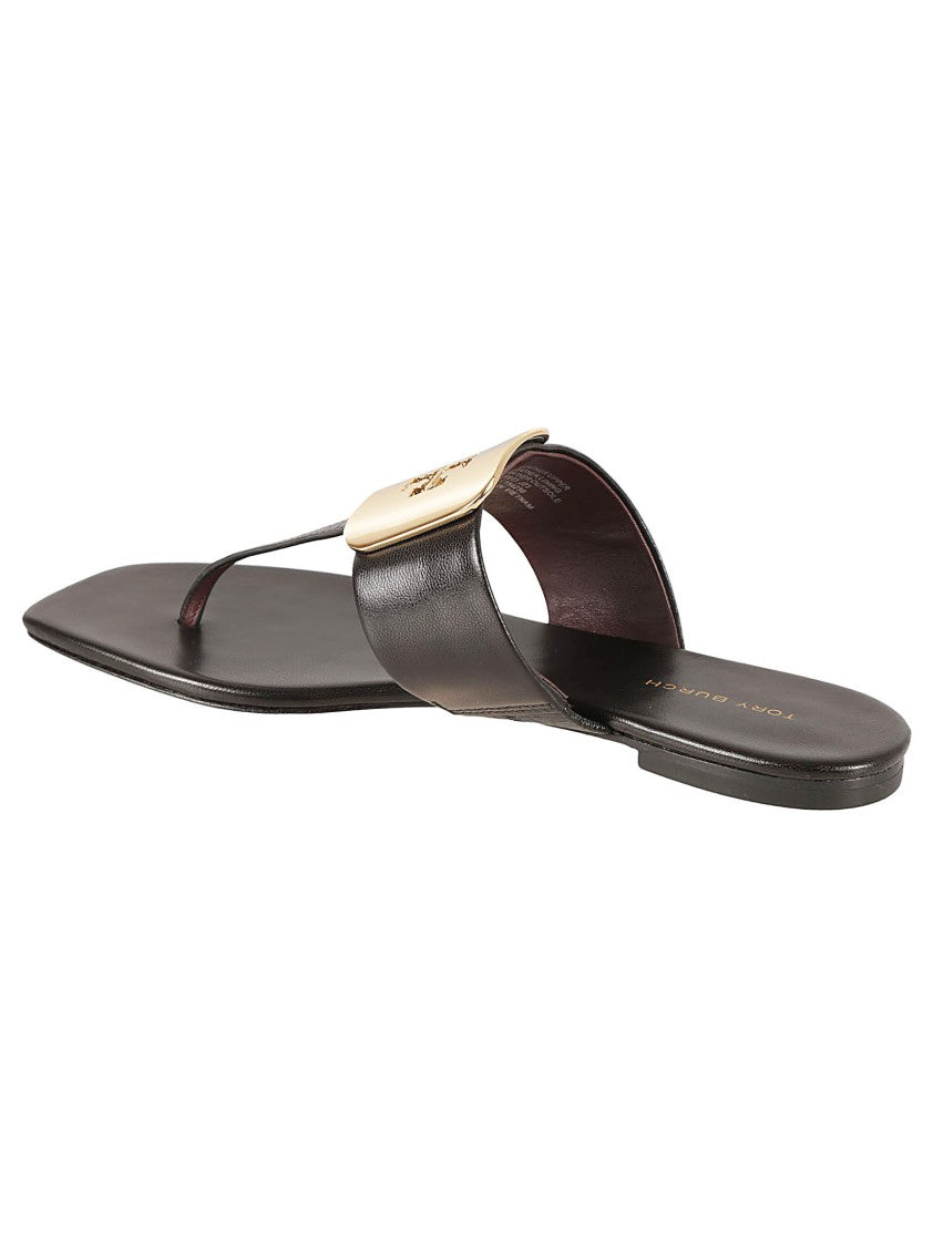 Tory Burch Black Sandals With Gold-Tone Logo Embellishment