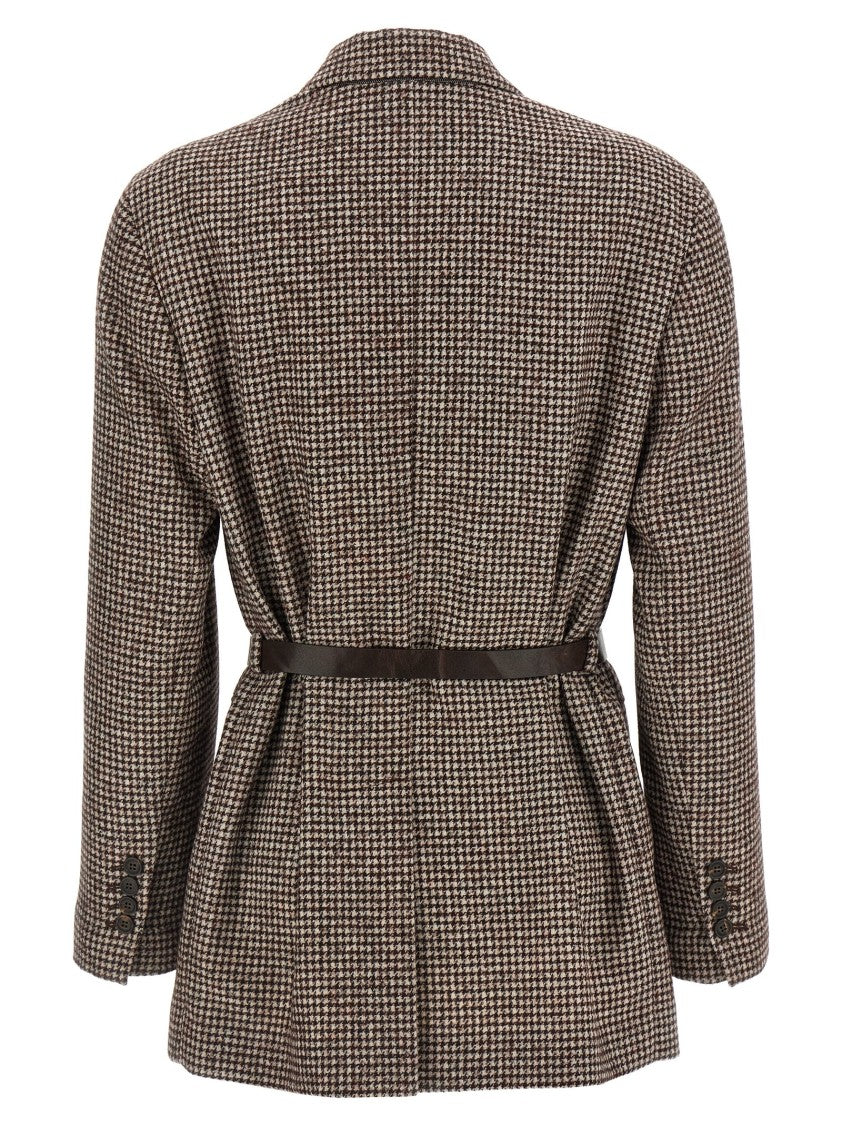 Brunello Cucinelli Deconstructed Houndstooth Blazer With Leather Belt