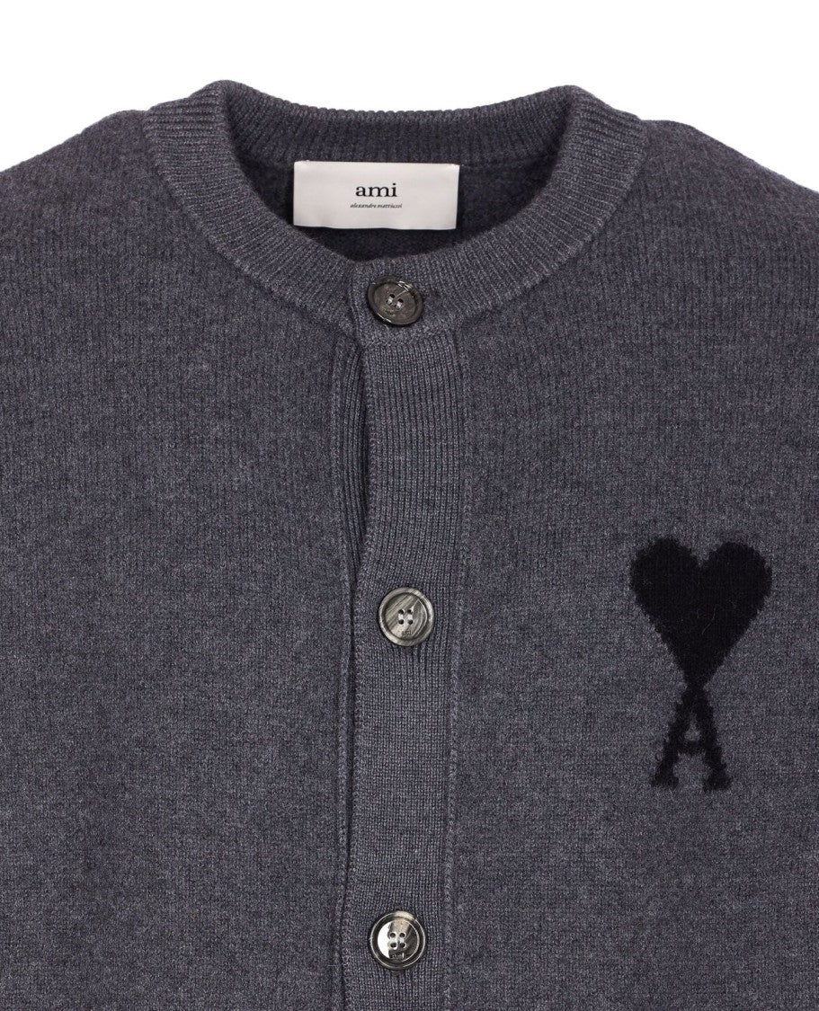 Ami Wool Cardigan With Button-Up Front And Heart Emblem