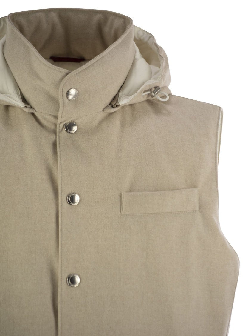 Brunello Cucinelli Sleeveless Down Jacket In Membraned Wool Flannel