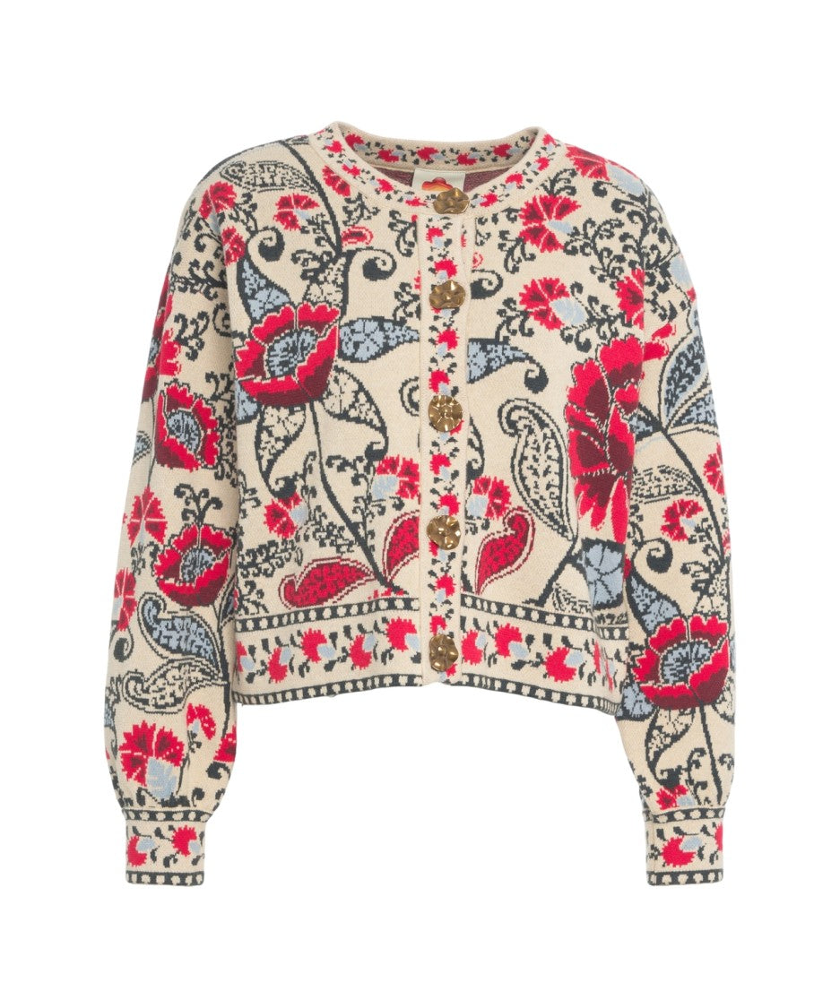 Farm Rio Intricate Floral Knit Cardigan With Decorative Buttons