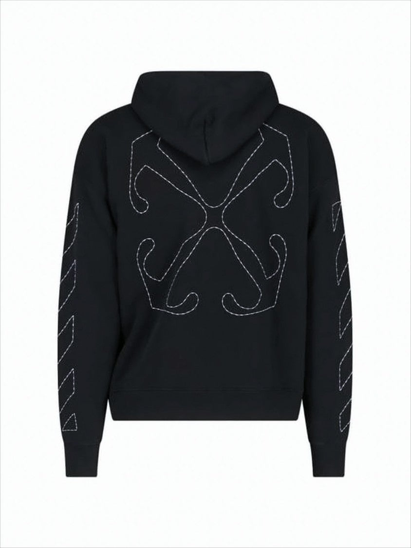 Off-White Cropped Black Hoodie With Geometric Stitching And Distinctive Logo