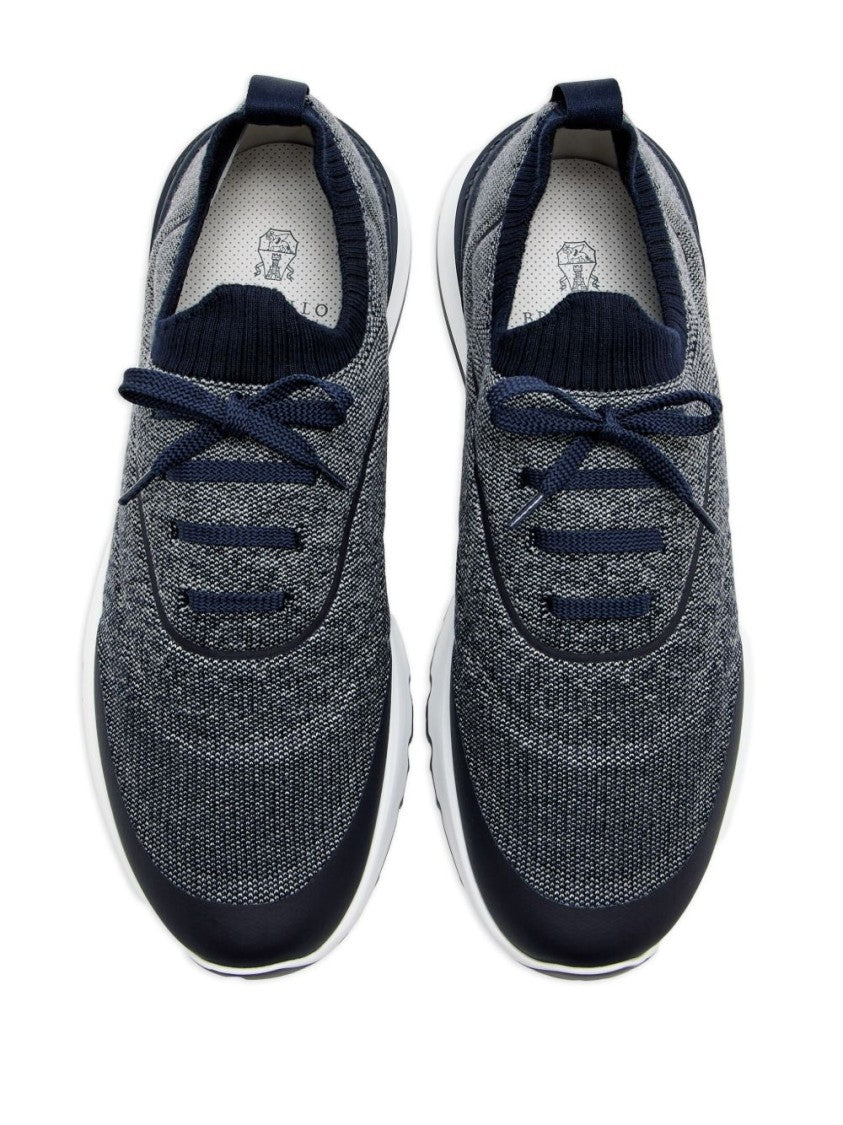 Brunello Cucinelli Navy Blue Knit Lace-Up Sneakers