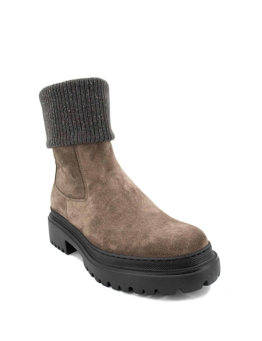 Brunello Cucinelli Ankle Boots With Ribbed Knit Cuff And Shimmering Embroidery