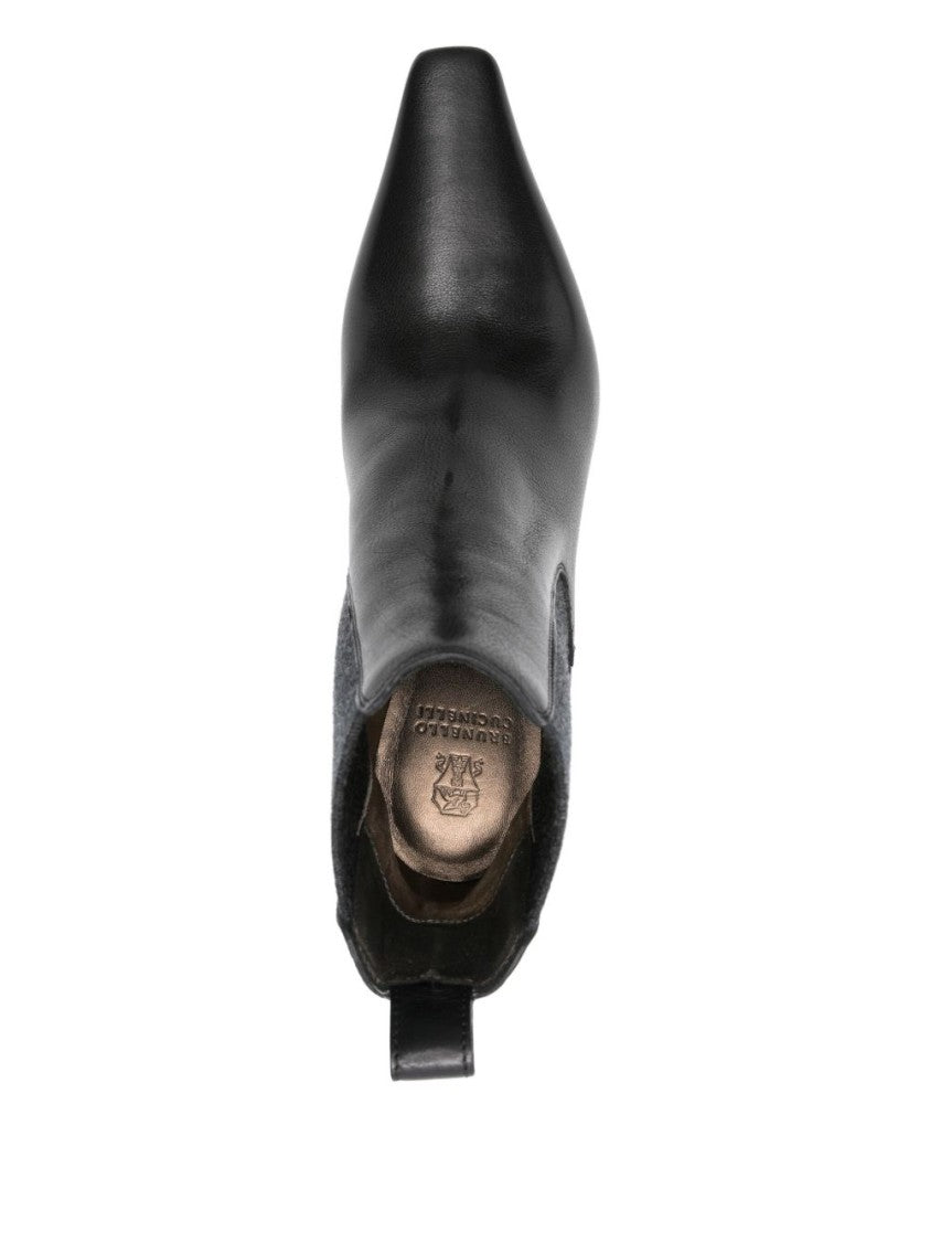 Brunello Cucinelli Pointed Toe Leather Ankle Boots With Stiletto Heel