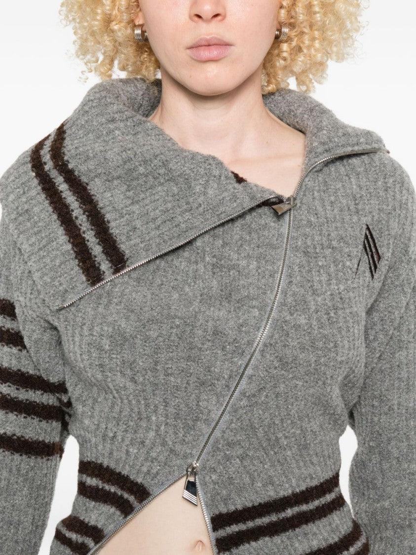 The Attico Asymmetrical Zip Grey Sweater With Ribbed Texture