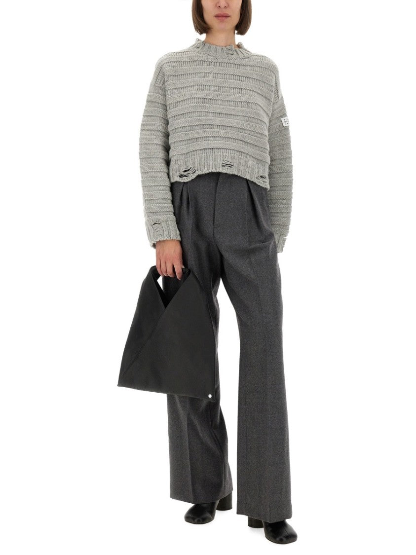 Mm6 By Maison Margiela Cropped Textured Knit Pullover With Distressed Hem