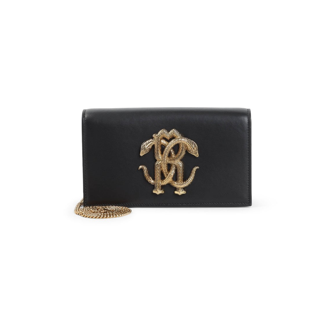 Roberto Cavalli Black Leather Shoulder Bag With Gold Emblem