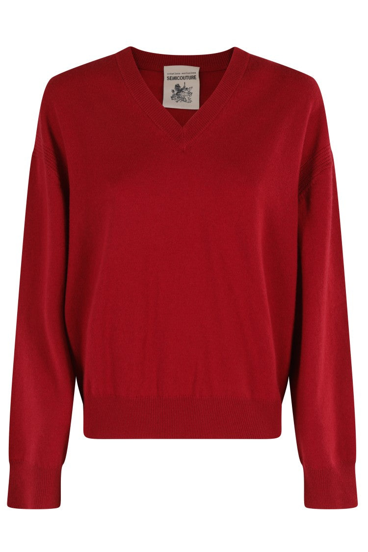 Semi Couture V-Neck Ruby Sweater With Long Sleeves