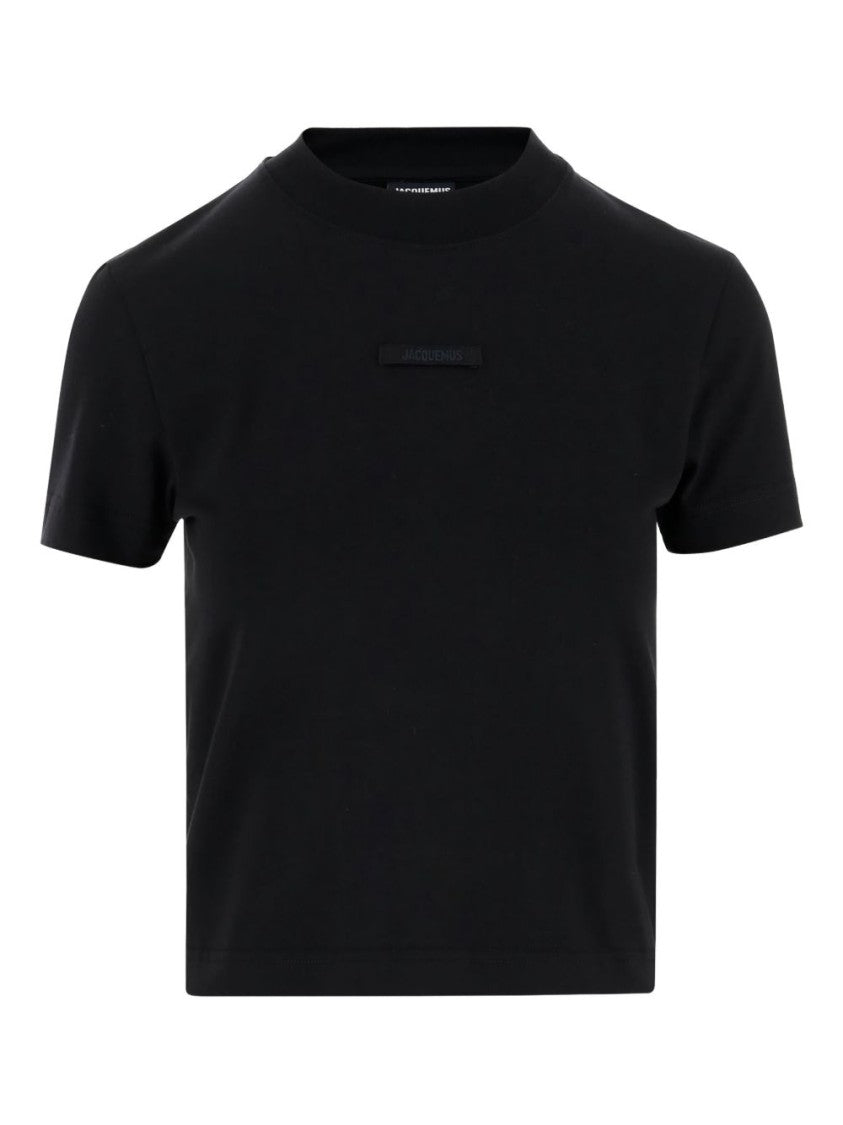 Jacquemus Cropped Black T-Shirt With Tonal Logo Patch