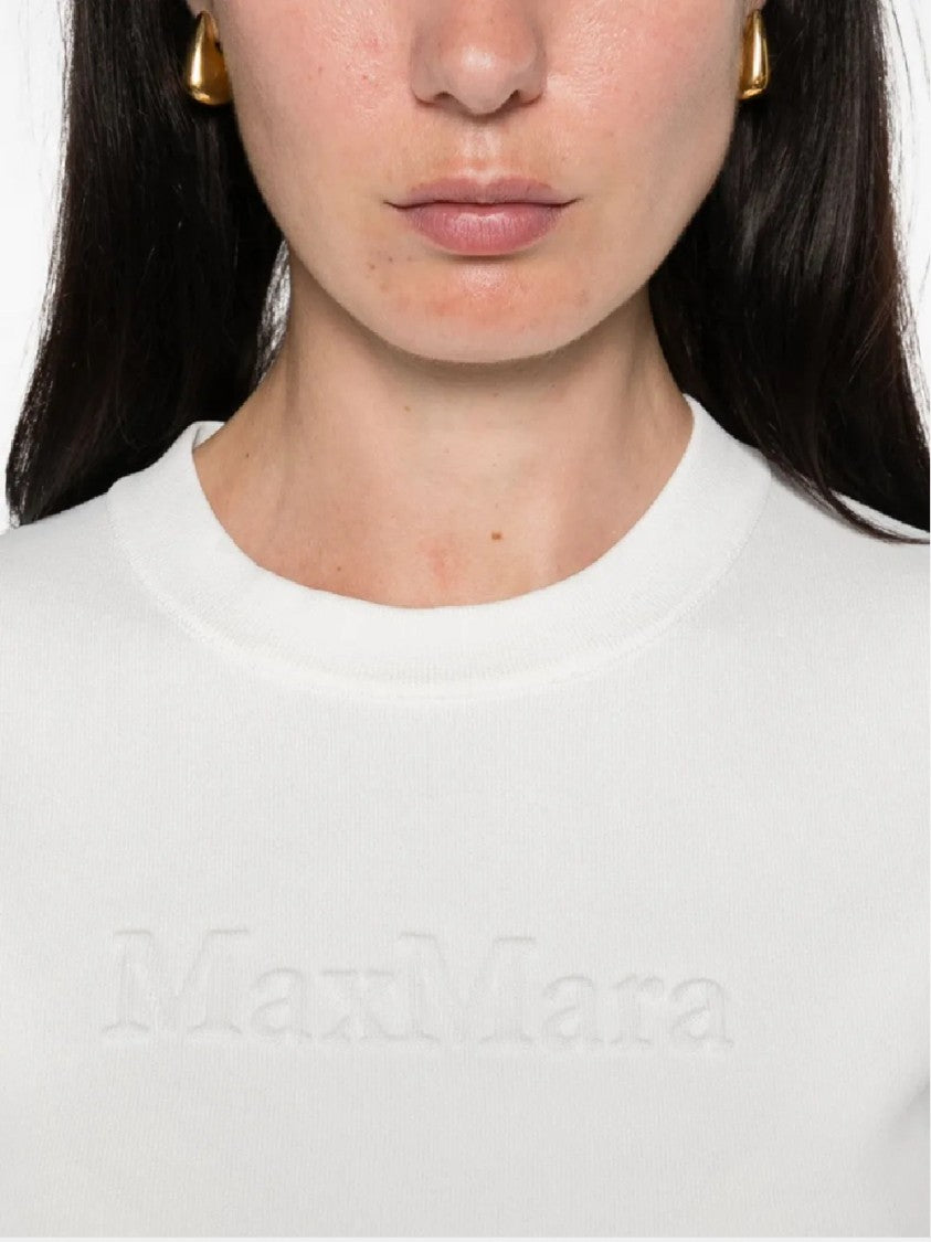 Max Mara Boxy-Cropped White Knit Top With Logo Detail