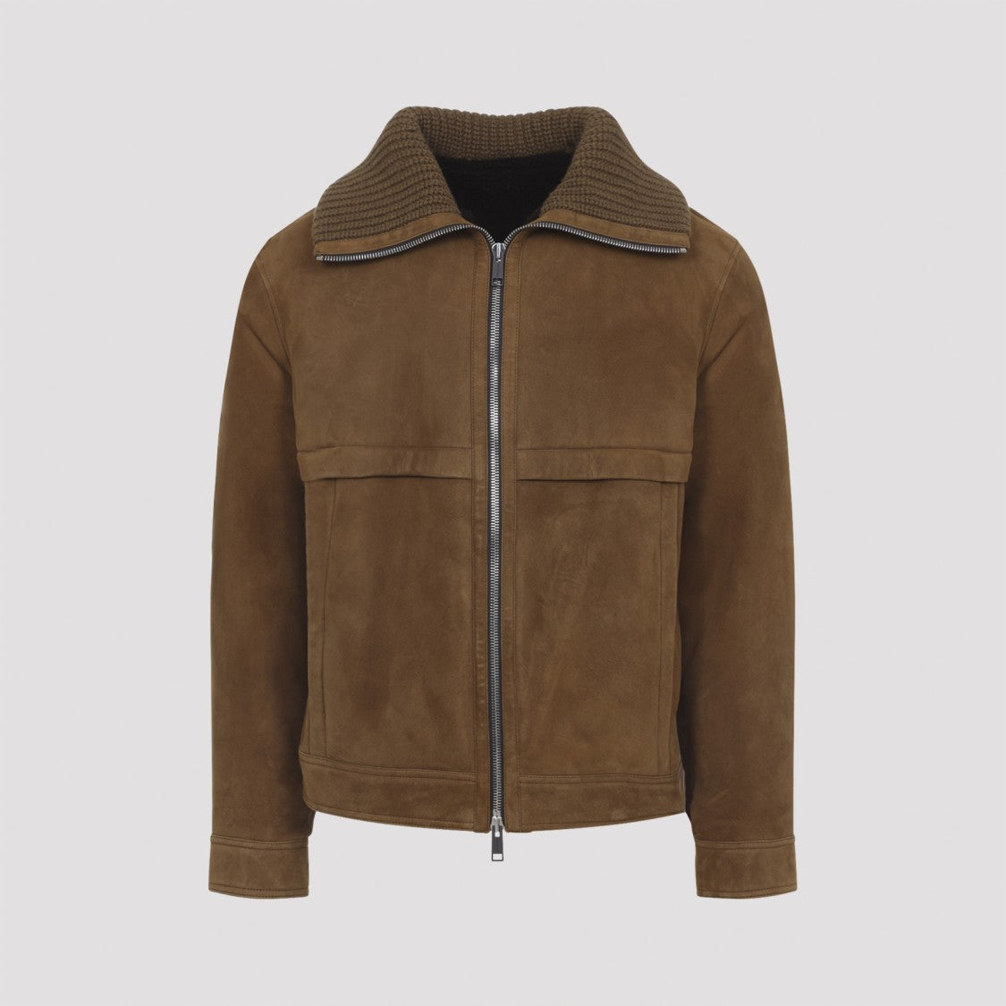 Yves Salomon Rich Brown Lamb Leather Casual Jacket With Ribbed Knit Collar
