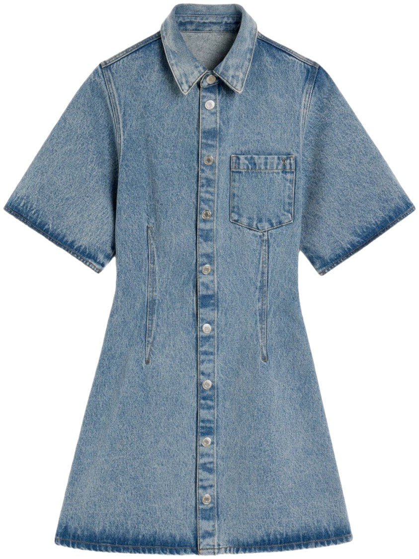 Ami Button-Down Blue Dress With Wide Sleeves And Inset Pockets