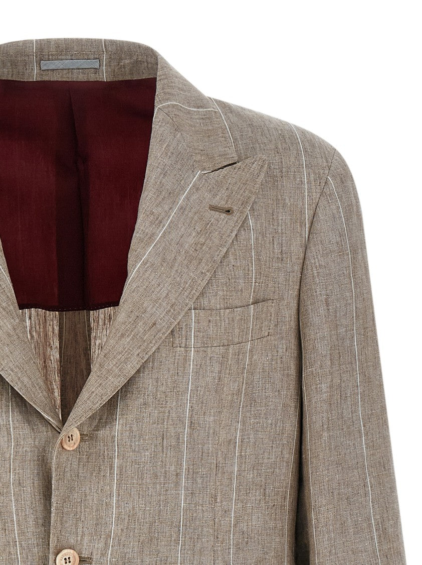 Brunello Cucinelli Striped Linen Single-Breasted Blazer With Double Back Split