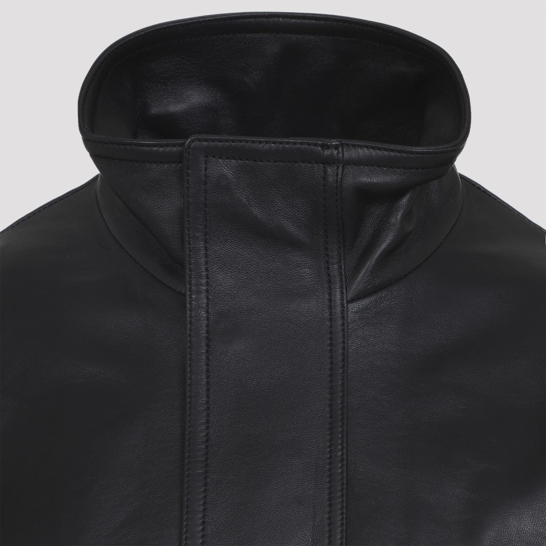 Balenciaga Black Leather Jacket With Standing Collar And Ribbed Details