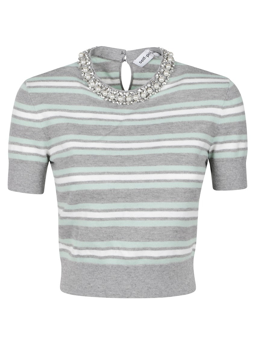 Self-Portrait Embellished Knitted Top With Striped Design