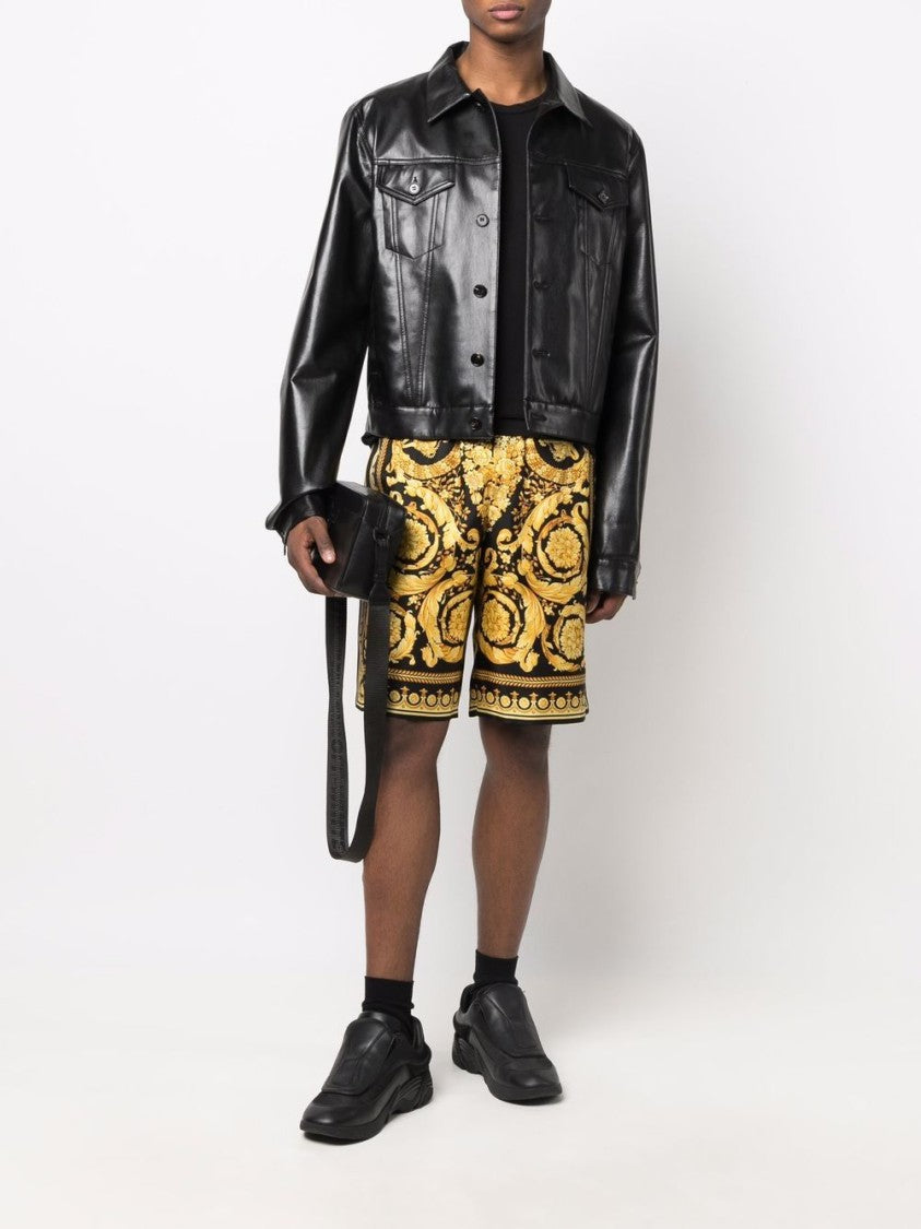 Versace Knee-Length Black And Gold Silk Shorts With Barocco Print