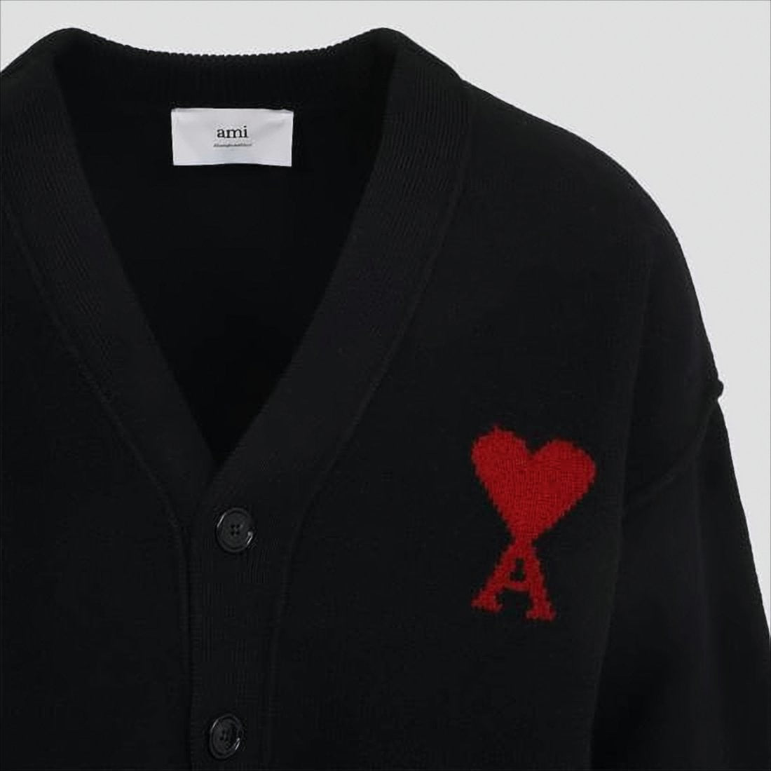 Ami V-Neck Button-Down Wool Cardigan With Heart Embroidery