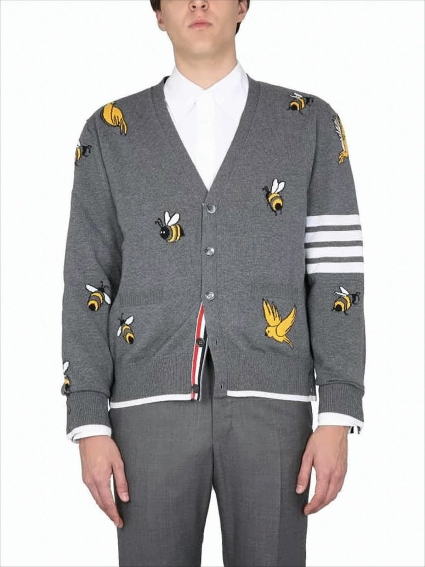 Thom Browne Grey Knit Cardigan With Embroidered Bees And Birds