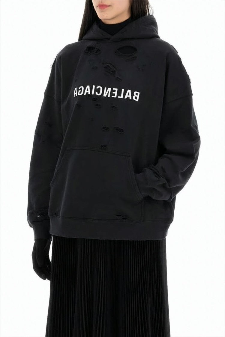 Balenciaga Distressed Black Cotton Hoodie